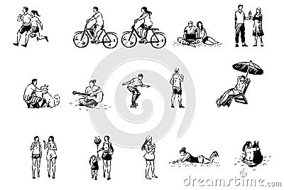 Jogging, cycling, ice cream eating, pet walking, playing guitar, sunbathing, skating, summer leisure set Vector Illustration