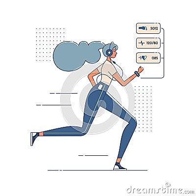 Jogging girl with smart watch, listening music in headphones. Young woman doing cardio fitness exercises. Active healthy Vector Illustration