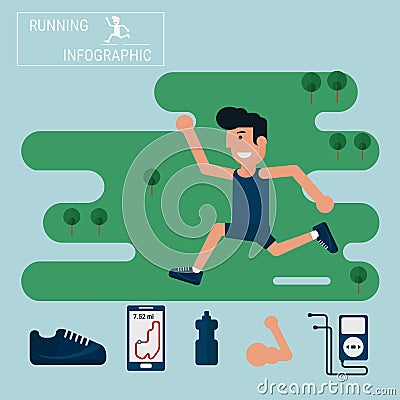 Jogging and running infographics set with man running outdoor. Vector Illustration