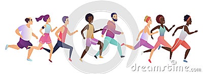 Jogging running people. Sport running group concept. Various people runners group in motion speed. Vector Illustration