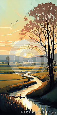 Johann Lane's Confluence - A Realistic Painting of a River Running Through a Field at Sunrise Stock Photo