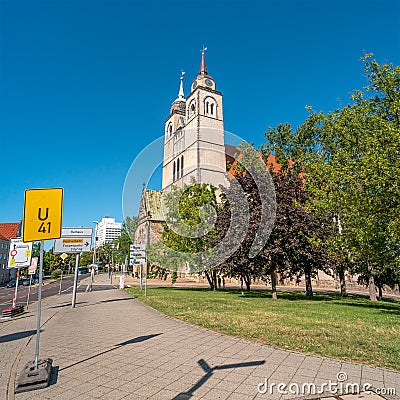 Johannis Church and crossroad street in Magdeburg, Germany, Summer Stock Photo