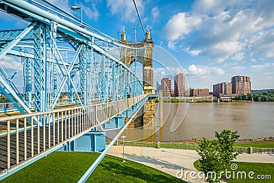 The John A. Roebling Suspension Bridge, seen from Smale Riverfront Park, in Cincinnati, Ohio Stock Photo