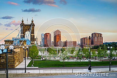 John A. Roebling Suspension Bridge Sunset, Cincinnati, Ohio Stock Photo