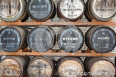 Johnnie Walker Jack Daniels Bushmills Whisky Barrel Stack Editorial Stock Photo