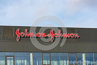 Johnson & Johnson company logo on headquarters building Editorial Stock Photo