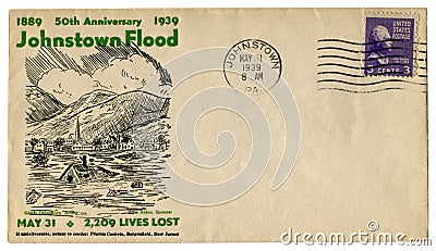 Johnstown, Pennsylvania, The USA - 31 MAY 1939: US historical envelope: cover with cachet 50th anniversary 1889-1939 Johnstown F Editorial Stock Photo