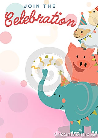 Join the celebration written in blue and red with happy circus animals on pink and white background Stock Photo