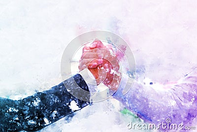 Join hands business concept and handshake concept on watercolor painting Stock Photo