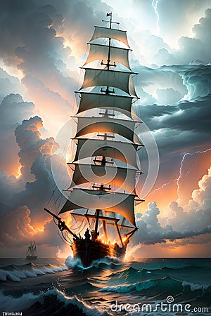 The Mighty Pirate Ship's Endeavor to Sail through Stormy Skies and Rolling Waves on a Challenging Sea. AI generated Stock Photo