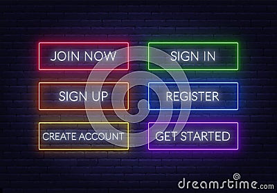 Join now, Sign in, Sign up, Register, Create account, Get started neon sign on a brick background. Multicolored glowing Vector Illustration