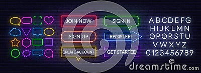 Join now, Sign in, Sign up, Register, Create account, Get started neon sign on a brick background. Template for a design Vector Illustration