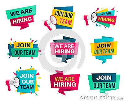 Join our team. Business company job, we are hiring labels, opportunities announcement vacancy creative recruiting offer Vector Illustration