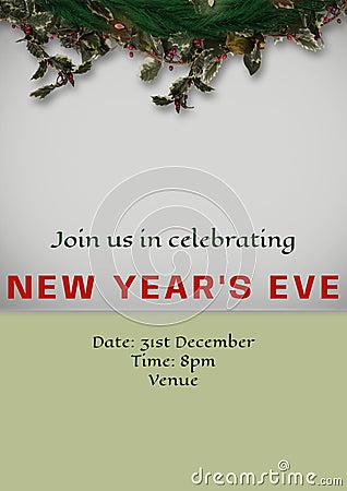 Join us in celebrating new year\'s eve party text over christmas decoration Stock Photo