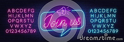 Join us neon sign on a brick background. Vector Illustration