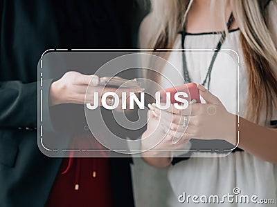 join us virtual cooperation business women phones Stock Photo