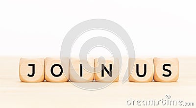 Join us word on wooden block. Team Recruitment Register Membership Hiring Concept Stock Photo