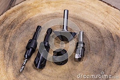 Joiner`s milling cutters for woodworking Stock Photo