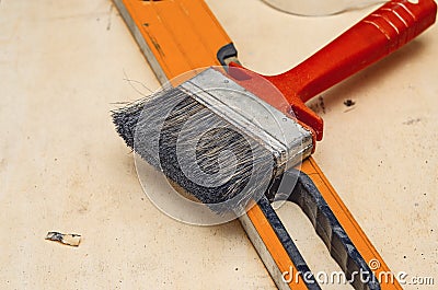 Joiner tools. Brush, construction level Stock Photo