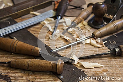 Joiner tools on wood table Stock Photo