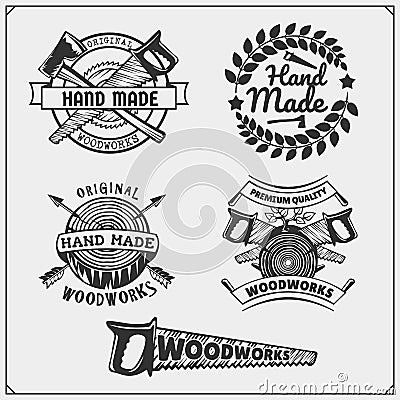 Joinery and hand made emblems, labels, badges and design elements. Vector Illustration