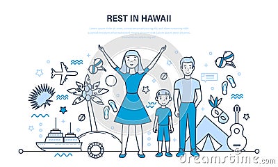 Joint family holidays in warm places, travel, sightseeing and nature. Vector Illustration