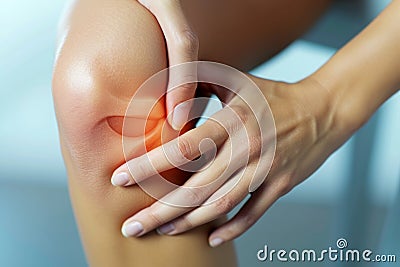 Joint pain, Arthritis and tendon problems. a man touching nee at pain point, isolated on white background. Knee pain, swelling, Stock Photo