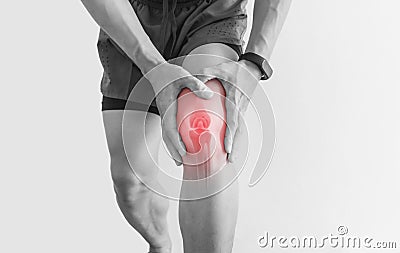 Joint pain, Arthritis and tendon problems. a man touching nee at pain point, on white background Stock Photo