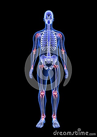 Joint pain. Blue Human Anatomy Body and Skeleton 3D Scan render on black background Stock Photo