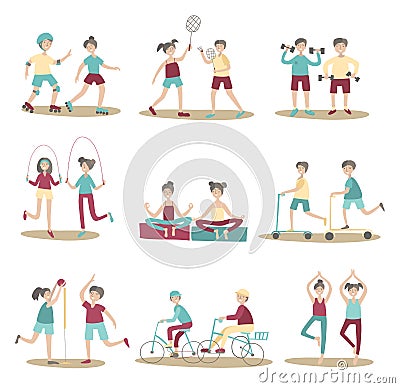 Joint sport activities, young people having fun together. Active lifestyle, sports entertainment outdoors. Set of poses Vector Illustration