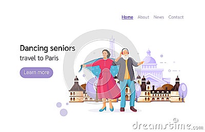 Joint travel to Paris. Dancing seniors on street of city. Vector Illustration