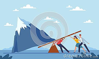 Joint work. Effort to overcome problem, people working together trying to move mountain, metaphor for difficult task Vector Illustration