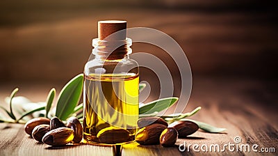 Jojoba essential oil in a bottle. Generative AI, Stock Photo