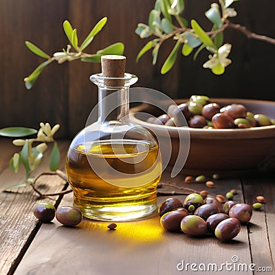 Jojoba oil in bottle on wooden board Stock Photo