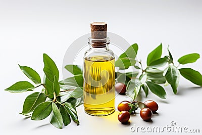 Jojova and jojoba oil in glass bottle, with leaves on a plain white background. Marketing branding concept shot Stock Photo