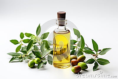 Jojova and jojoba oil in glass bottle, with leaves on a plain white background. Marketing branding concept shot Stock Photo