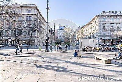 Jokai square or JÃ³kai tÃ©r on AndrÃ¡ssy street, where Jokai Mor and Ady Endre sculpture can be found in Budapest Editorial Stock Photo