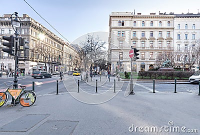 Jokai square or JÃ³kai tÃ©r on AndrÃ¡ssy street, where Jokai Mor and Ady Endre sculpture can be found in Budapest Editorial Stock Photo