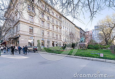 Jokai square or JÃ³kai tÃ©r on AndrÃ¡ssy street, where Jokai Mor and Ady Endre sculpture can be found in Budapest Editorial Stock Photo