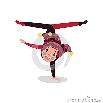 Joker cartoon character doing split upside down. Boy jester in black and red costume, cap and bells. Vector Illustration