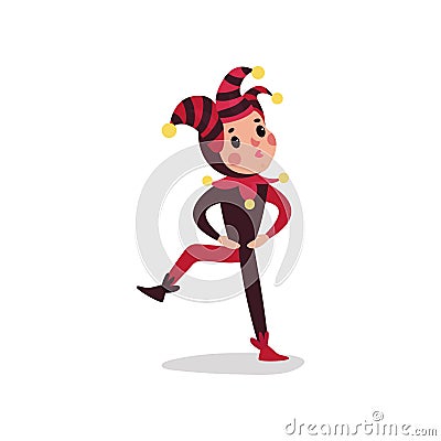 Joker flat cartoon character performing with leg up, arms akimbo. Jester or festival fool black and red wear. Vector Illustration