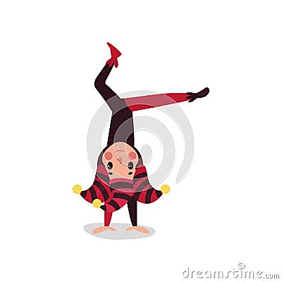 Joker flat cartoon character standing upside down. Jester or festival fool in black and red costume, cap and bells. Vector Illustration