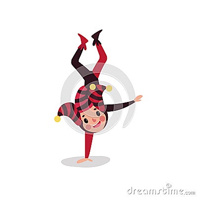 Joker flat cartoon character standing upside down on one hand. Traditional festival fool wear. Vector Illustration