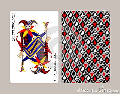 Joker playing card and back in flat style Vector Illustration
