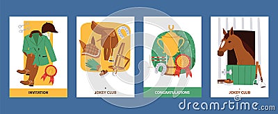 Jokey cards with clothing for horsemen, boots, trousers, helmet, gloves, equipment for horse riding. Invitation and Vector Illustration