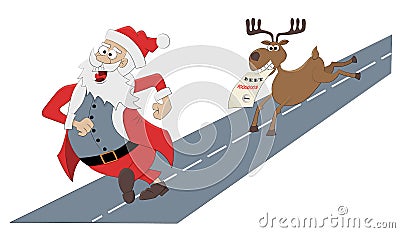 Jolly Christmas Santa running away from a reindeer. Vector Illustration