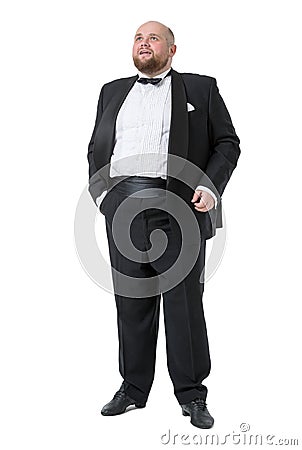 Jolly Fat Man in Tuxedo and Bow tie Shows Emotions Stock Photo