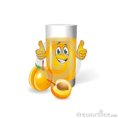 Jolly glass of delicious apricot juice, cartoon on a white background. Vector Illustration