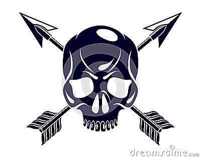 Jolly Roger dead head aggressive skull, Pirates vector emblem or logo with weapons. Vector Illustration