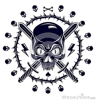 Jolly Roger dead head aggressive skull, Pirates vector emblem or logo with weapons and other design elements, vintage style logo Vector Illustration